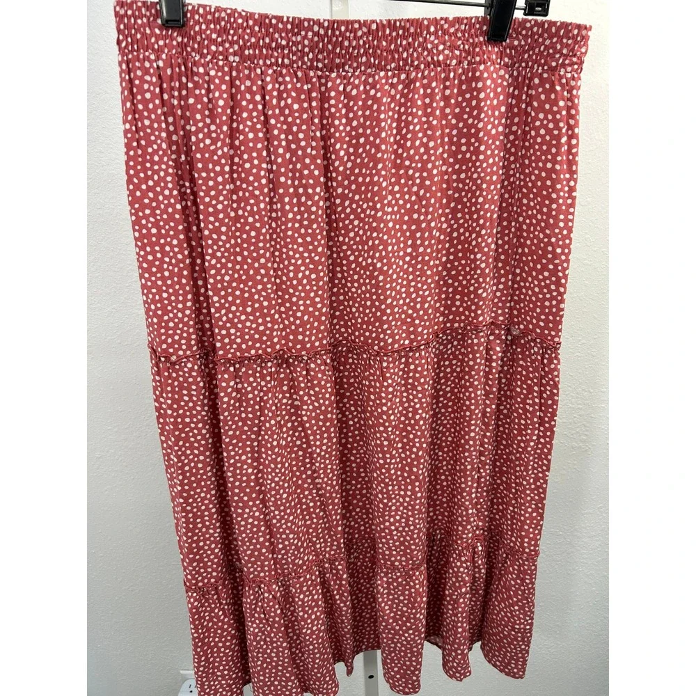 Pink Rose Clay Dot Polka Dot Tiered Maxi Skirt XL Elastic Waist PS0W50627‎ NEW